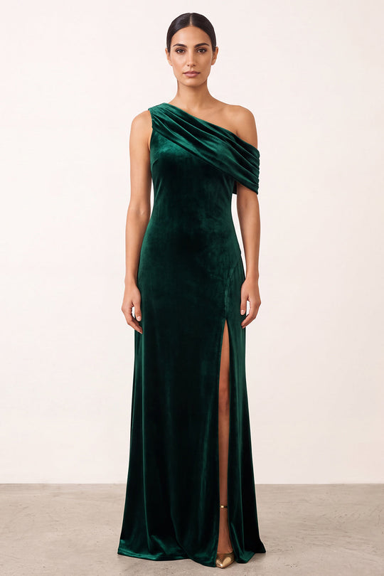 Dark Green Velvet Ruched One Shoulder Sheath Long Formal Dress with Slit