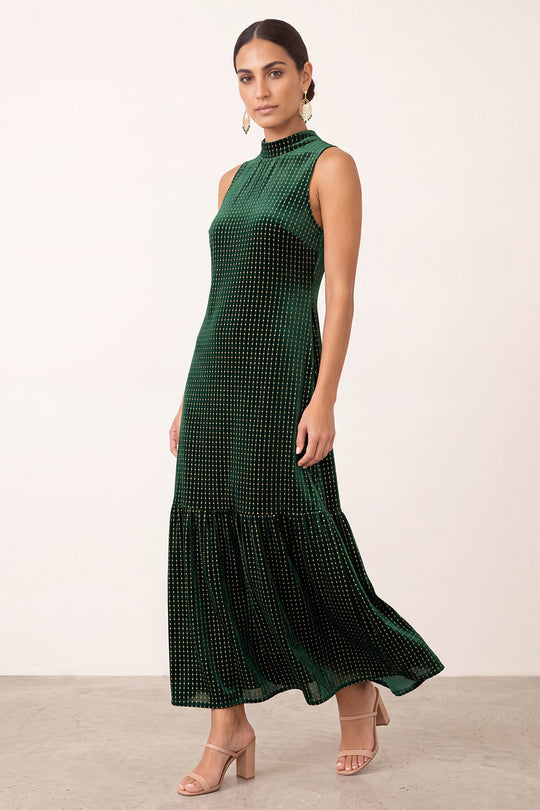 Dark Green Beaded Ruffled Velvet Sheath High Neck Long Formal Dress