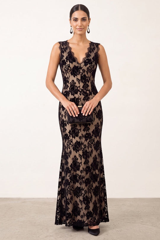 Black Floral Mermaid V-Neck Lace Long Formal Dress