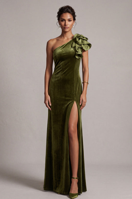 Olive Velvet Mermaid One Shoulder Velvet Ruffled Long Formal Dress with Slit