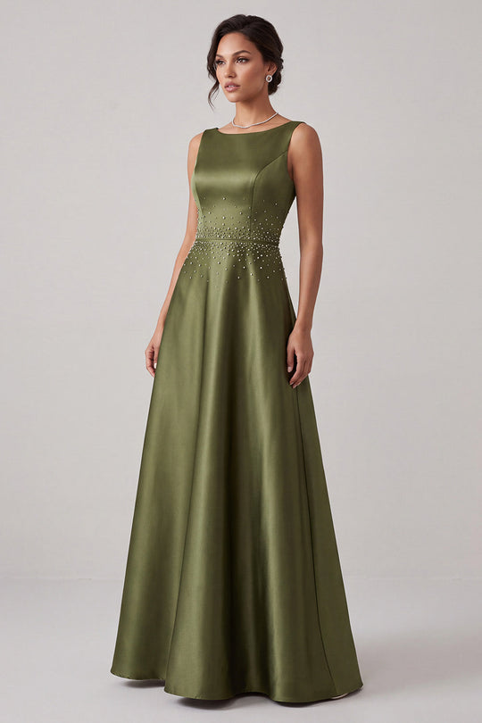 Sparkly Olive A-Line Boat Neck Beaded Satin Long Formal Dress