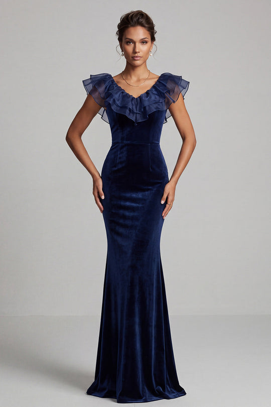 Dark Blue Velvet Mermaid V-Neck Velvet Ruffled Long Formal Dress