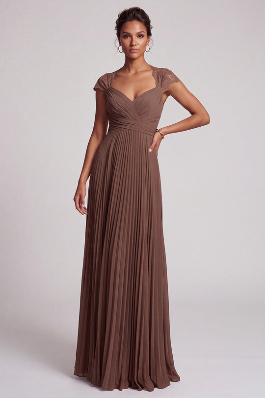 Simple Coffee Chiffon A-Line Pleated Long Formal Dress with Lace