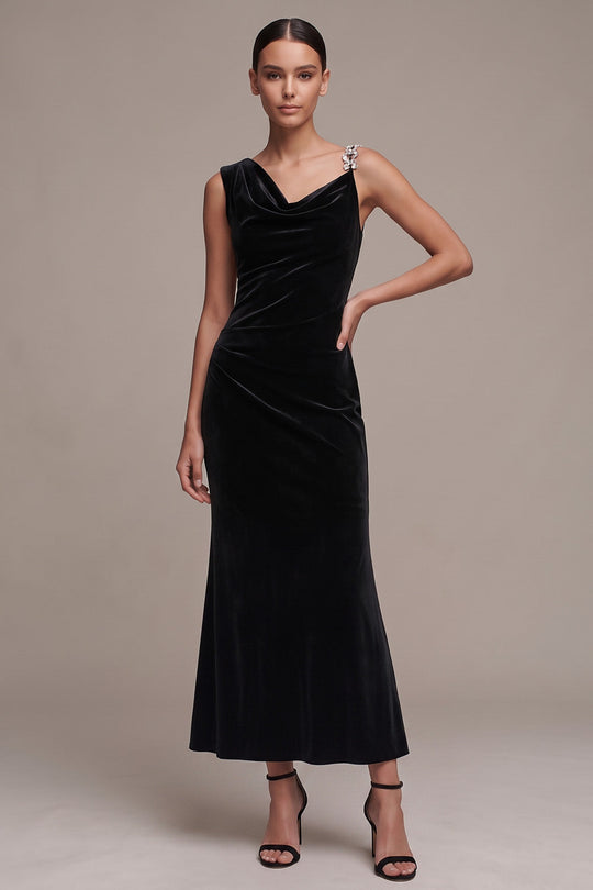 Black Mermaid Asymmetrical Neck Velvet Long Formal Dress with Rhinestone