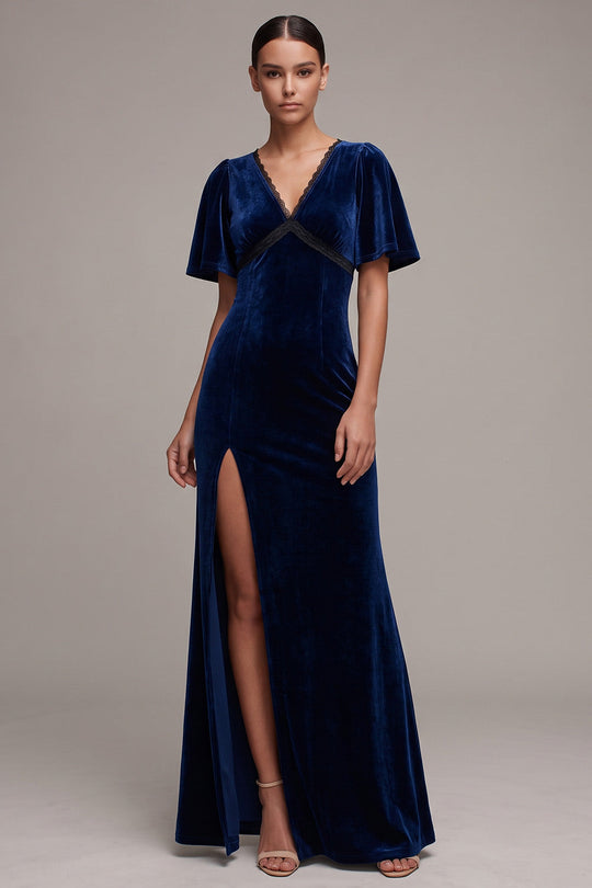Sheath Navy Velvet V-Neck Long Formal Dress with Slit