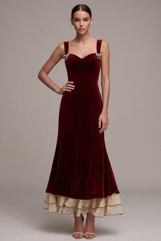 Mermaid Burgundy Ruffled Velvet Long Formal Dress with Bows