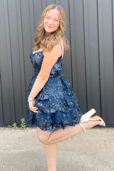 Sparkly Navy Spaghetti Straps Sequins Short Homecoming Dress