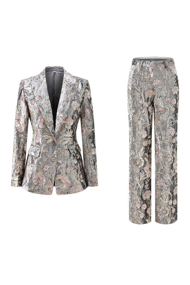 Load image into Gallery viewer, Sparkly Floral Grey Peak Lapel 2 Piece Women Prom Suits with Sequins