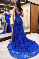 Load image into Gallery viewer, Royal Blue Spaghetti Straps Corset Long Prom Dress with Lace Appliques