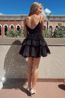 Load image into Gallery viewer, Black A-Line Spaghetti Straps Tulle Tiered Short Homecoming Dress