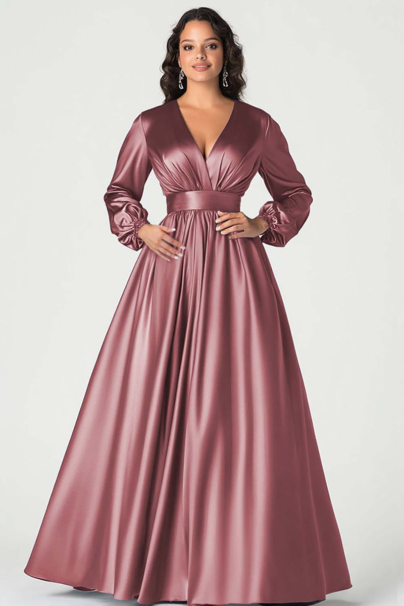 Load image into Gallery viewer, Queendancer Women Grey Blue Satin Mother of the Bride Dress Long Sleeves A Line Ball Gown V-Neck Pleated Long Wedding Guest Dress