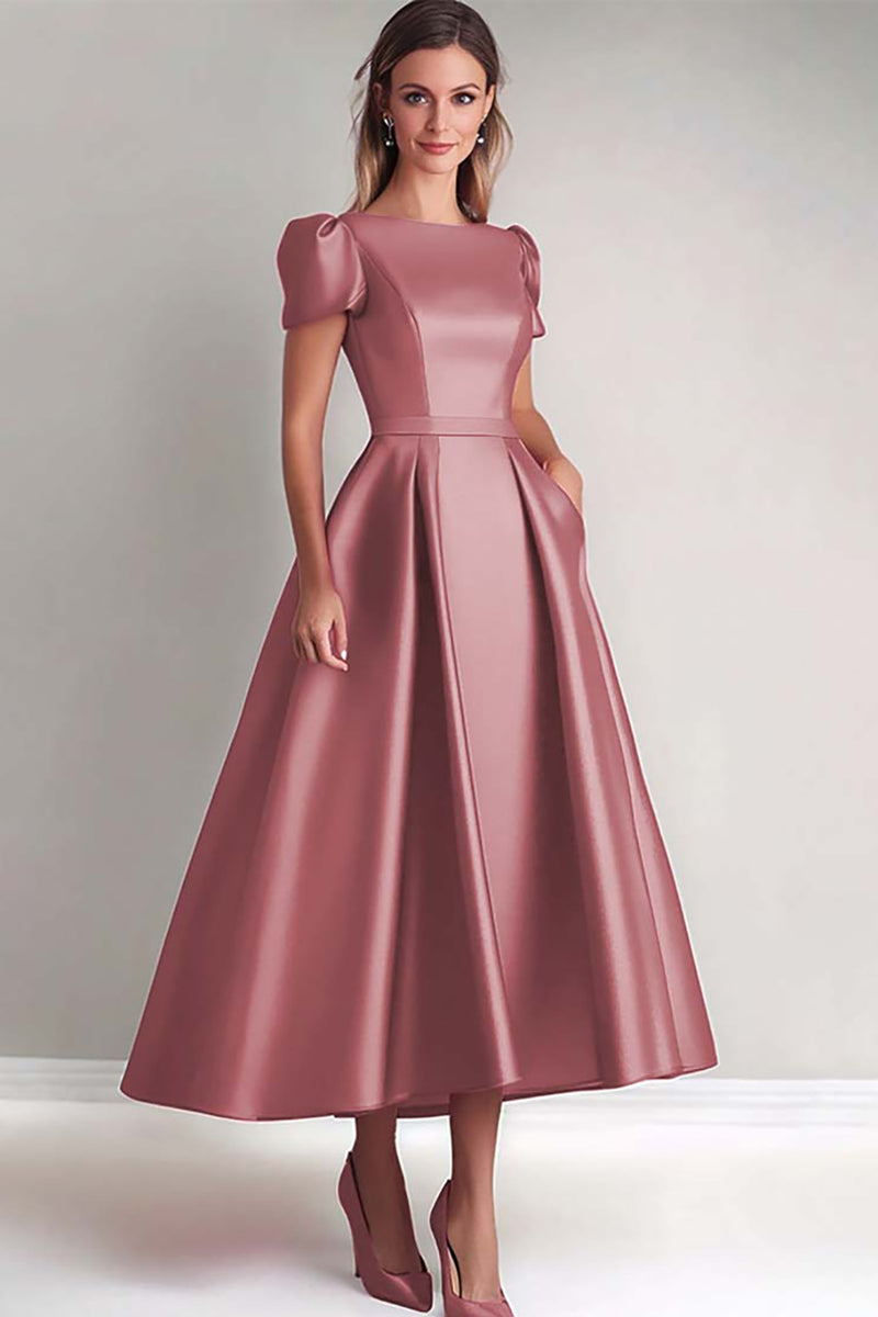 Load image into Gallery viewer, Black A Line Puff Sleeves Satin Mother of the Bride Dress