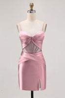 Load image into Gallery viewer, Royal Blue Satin Corset Ruched Tight Short Homecoming Dress with Slit