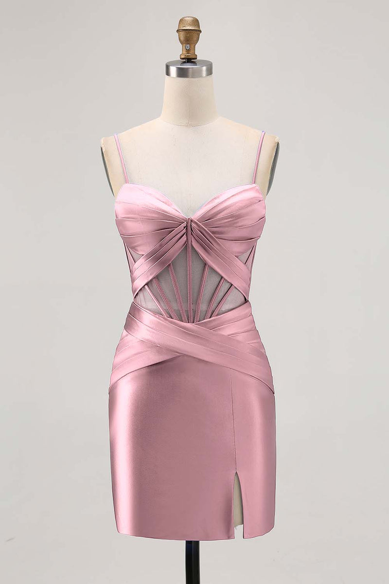 Load image into Gallery viewer, Royal Blue Satin Corset Ruched Tight Short Homecoming Dress with Slit