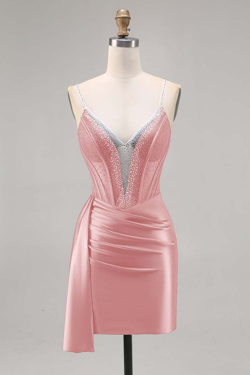 Load image into Gallery viewer, Sparkly Navy Satin Short Corset Homecoming Dress with Beading