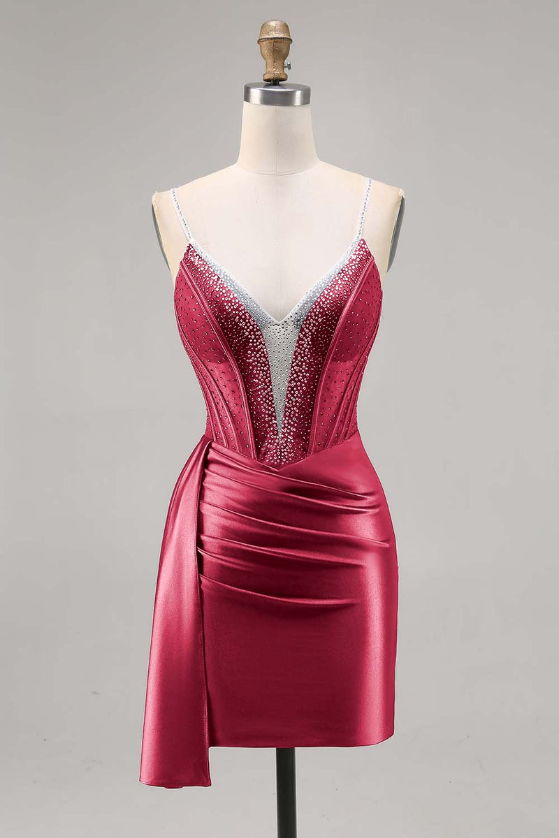 Load image into Gallery viewer, Sparkly Navy Satin Short Corset Homecoming Dress with Beading