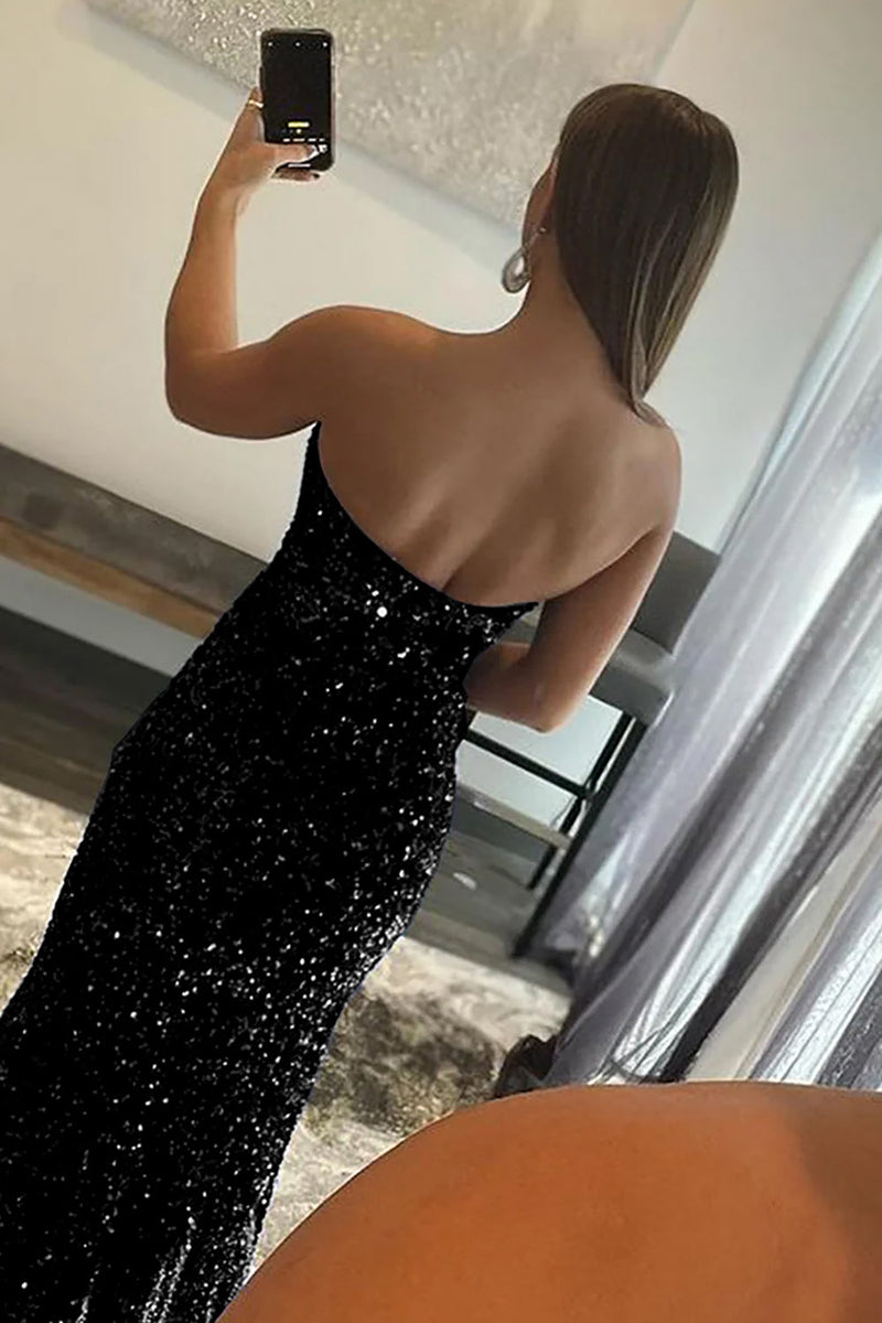 blue dress for baby girl Unique Black Special Strapless High-Split Lace-Up Sequined Prom Dress