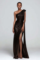 Load image into Gallery viewer, Sparkly Brown Metallic Ruched One Shoulder Long Formal Dress with Slit