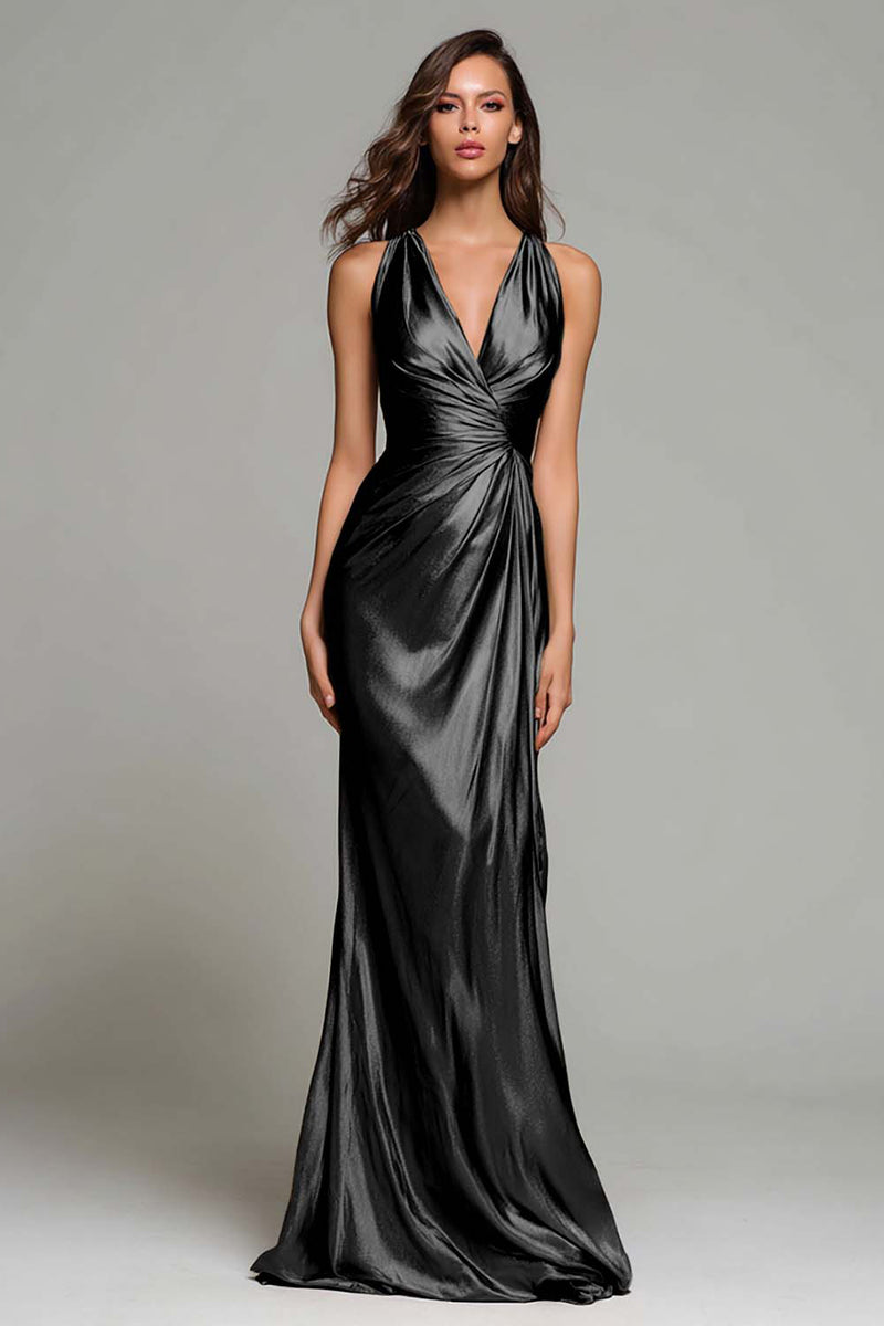 Load image into Gallery viewer, Sparkly Gold Metallic V-Neck Mermaid Ruched Long Formal Dress
