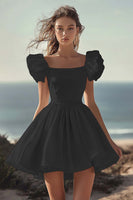 Load image into Gallery viewer, Black A Line Satin Mini Graduation Dress with Ruffles
