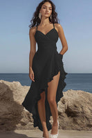 Load image into Gallery viewer, Queendancer Women White Chiffon High-Low Rehearsal Dinner Dress with Ruffles Ruched V-Neck Spaghetti Straps Long Engagement Dress