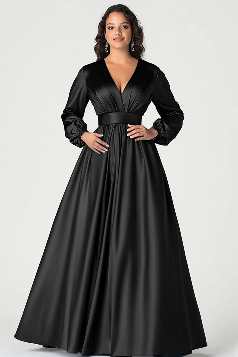 Load image into Gallery viewer, Queendancer Women Grey Blue Satin Mother of the Bride Dress Long Sleeves A Line Ball Gown V-Neck Pleated Long Wedding Guest Dress