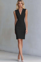 Load image into Gallery viewer, Queendancer Women Ivory Satin Short Work Dress Bodycon V-Neck Sleeveless Semi Formal Dress