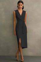 Load image into Gallery viewer, Red Bodycon Satin Tie Front Mid-Calf Work Dress with Slit