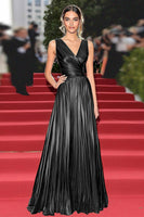 Load image into Gallery viewer, Gold V-Neck A Line Metallic Pleated Long Formal Dress