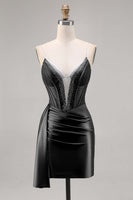 Load image into Gallery viewer, Sparkly Navy Satin Short Corset Homecoming Dress with Beading