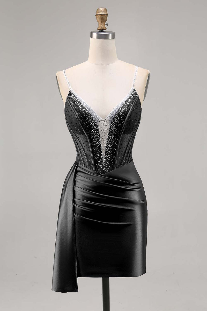 Load image into Gallery viewer, Sparkly Navy Satin Short Corset Homecoming Dress with Beading