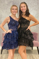 Load image into Gallery viewer, Sparkly Pink One Shoulder Tiered Homecoming Dress with Lace