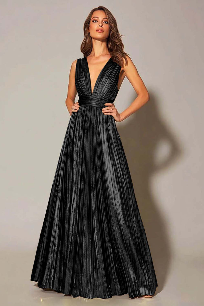 Load image into Gallery viewer, Sparkly Metallic Gold A-Line Pleated V-Neck Long Formal Dress