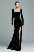 Load image into Gallery viewer, Dark Green Velvet Ruched Square Neck Long Holiday Party Dress with Slit