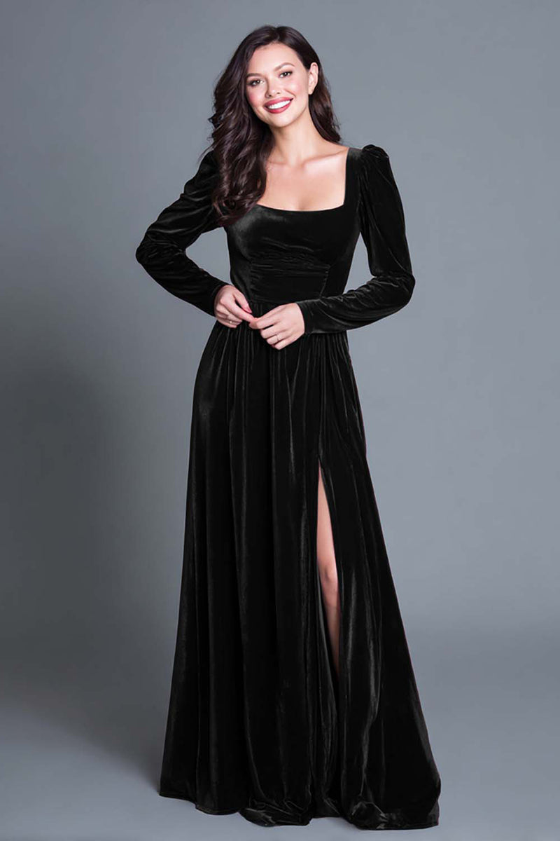 Load image into Gallery viewer, Burgundy Velvet Square Neck Long Sleeves Holiday Party Dress with Slit