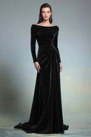 Load image into Gallery viewer, Dark Green Velvet Sheath Boat Neck Long Sleeves Formal Dress