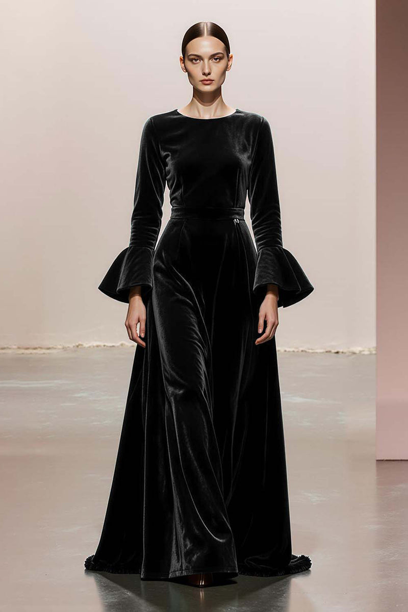 Load image into Gallery viewer, Dark Green Velvet A Line Round Neck Long Sleeves Formal Dress
