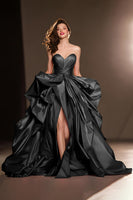 Load image into Gallery viewer, Dark Red A Line Satin Ruffled Sweetheart Ball Gown Long Pageant Dress with Slit