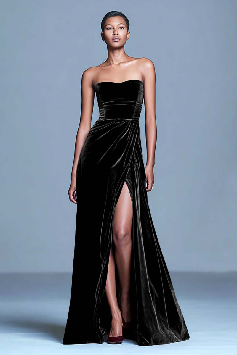 Load image into Gallery viewer, Burgundy Strapless Velvet Long Holiday Party Dress with Slit