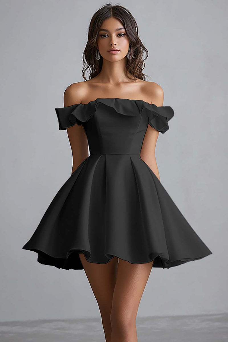 Load image into Gallery viewer, White A Line Satin Off the Shoulder Mini Graduation Dress with Ruffles