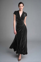 Load image into Gallery viewer, Caramel Velvet V Neck Ruched Long Holiday Party Dress with Sleeves
