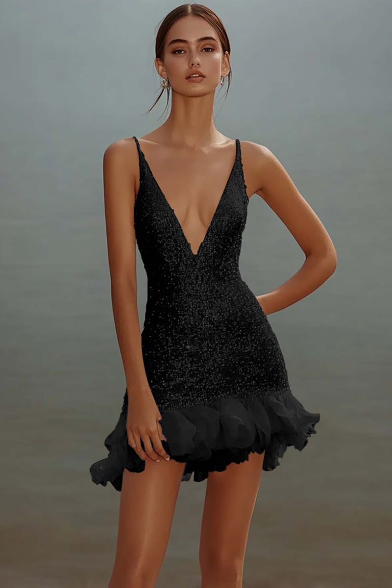 Load image into Gallery viewer, Sparkly White Bodycon Sequins V-Neck Graduation Dress