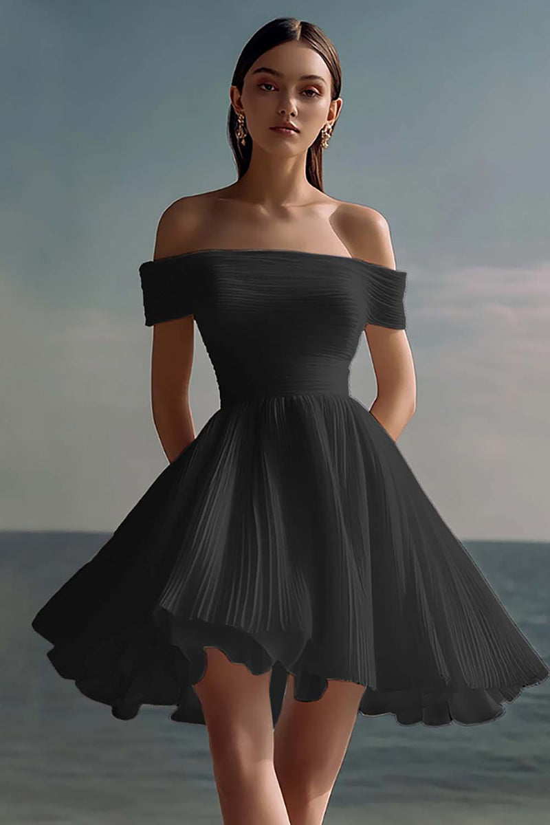 Load image into Gallery viewer, White Chiffon Mini Off the Shoulder Graduation Dress