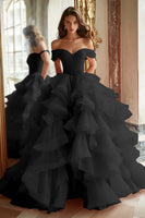 Load image into Gallery viewer, Pink Ball Gown A Line Tulle Off the Shoulder Tiered Long Quinceanera Dress with Ruffles