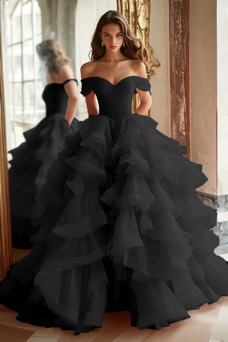 Load image into Gallery viewer, Pink Ball Gown A Line Tulle Off the Shoulder Tiered Long Quinceanera Dress with Ruffles