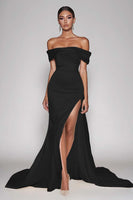 Load image into Gallery viewer, Champagne Sheath Off the Shoulder Satin Long Prom Dress with Slit