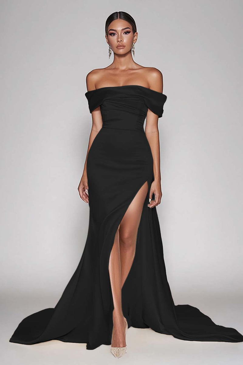 Load image into Gallery viewer, Champagne Sheath Off the Shoulder Satin Long Prom Dress with Slit