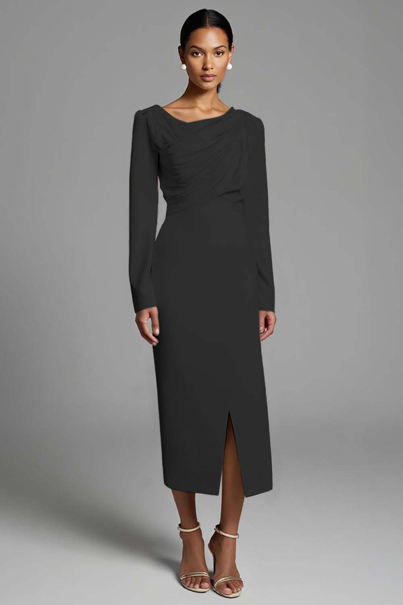 Load image into Gallery viewer, Ivory Sheath Ruched Long Sleeves Work Dress with Slit