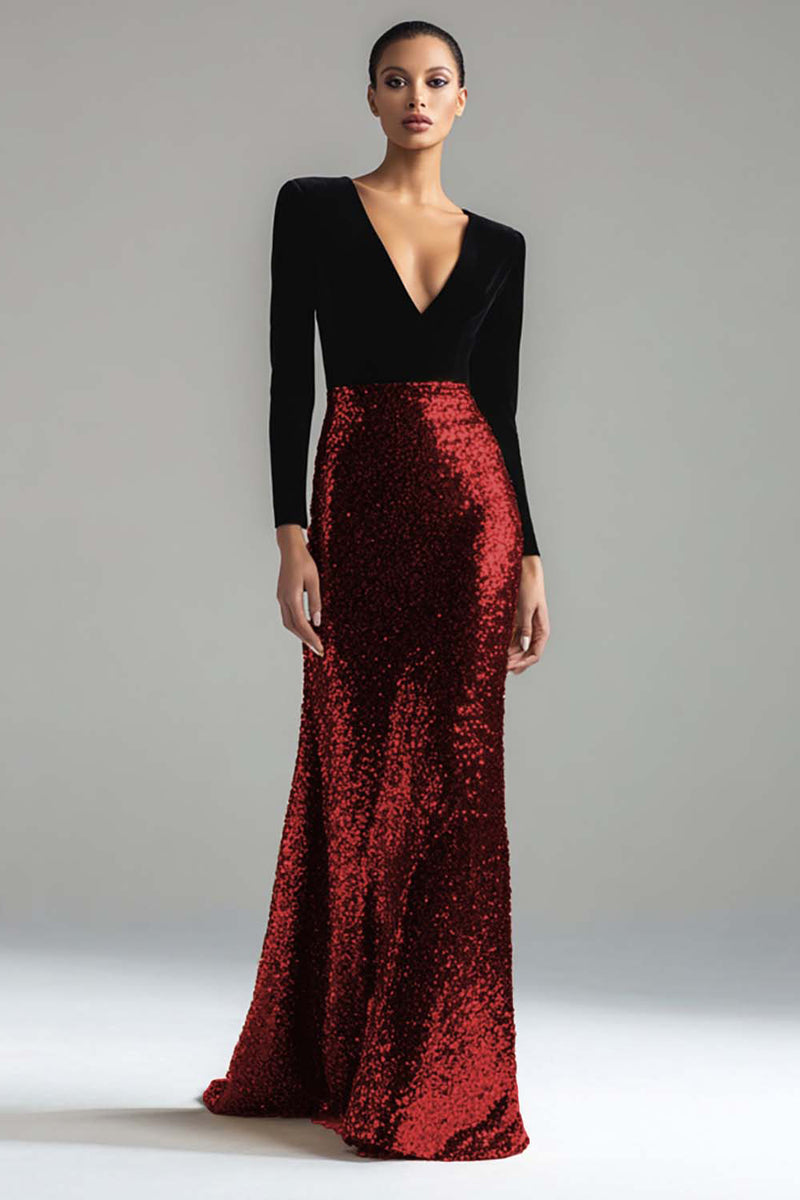 Load image into Gallery viewer, Sparkly Gold and Black Sequin Mermaid V-Neck Long Sleeves Holiday Party Dress