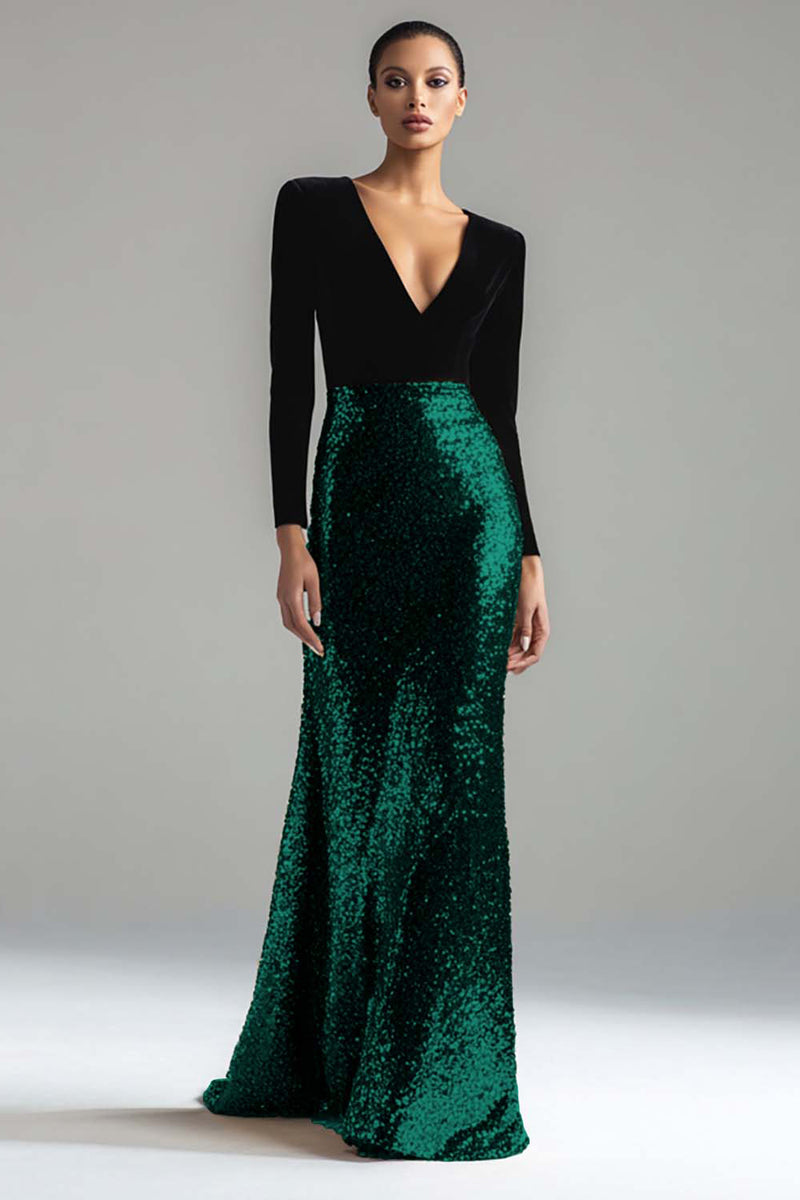 Load image into Gallery viewer, Sparkly Gold and Black Sequin Mermaid V-Neck Long Sleeves Holiday Party Dress